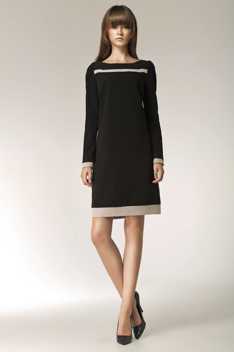 Černé retro šaty s béžovým lemem - Nife, 40 i556_20845_39_157