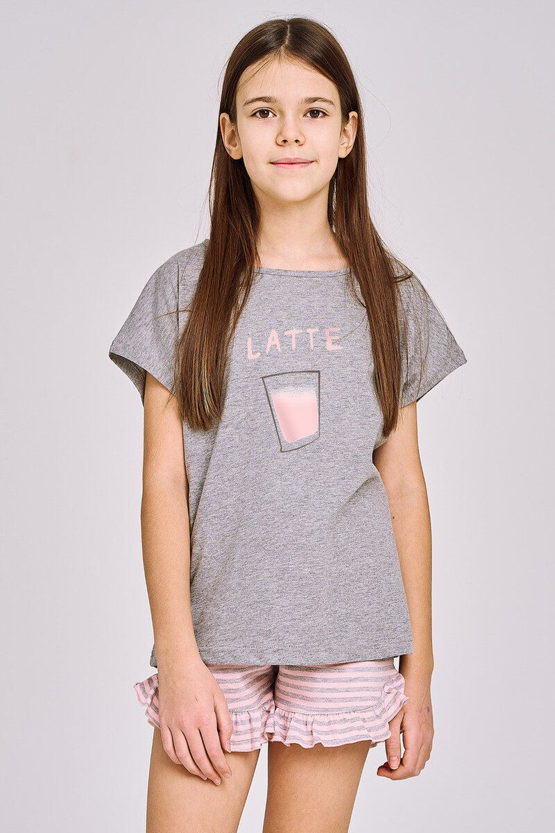 Krátké dívčí pyžamo s potiskem a vzorovanými šortkami, melanžově šedá 158 i170_3172-158-01 S-S 24