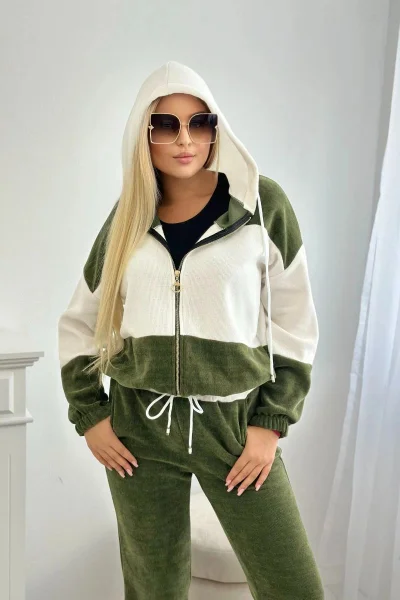 Žebrovaná velurová souprava mikina a kalhoty K-Fashion khaki