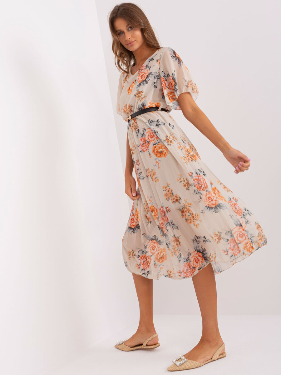 Květinové béžové midi šaty s páskem - Elegantní letní model DHJ-SK-3171, jedna velikost i523_2016103420407