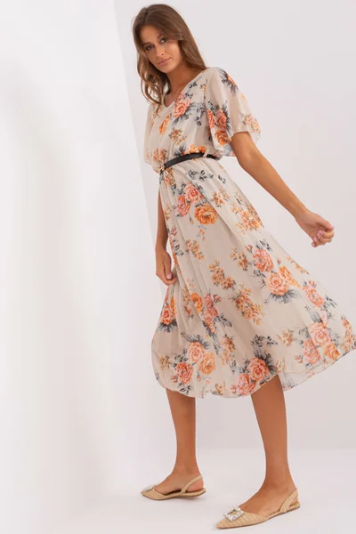 Květinové béžové midi šaty s páskem - Elegantní letní model DHJ-SK-3171