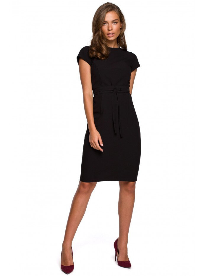 Černé tužkové šaty s prošíváním a páskem - Elegantní Silueta, M i10_P65148_2:91_
