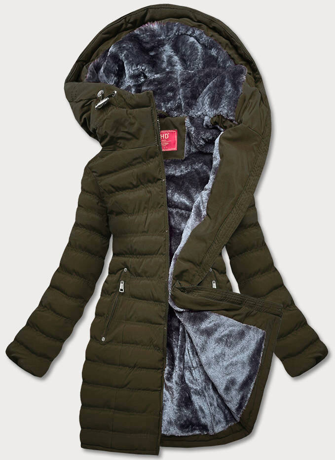 Zimní bunda s kožešinovou podšívkou a kapucí v army barvě - LHD, odcienie zieleni S (36) i392_20595-46