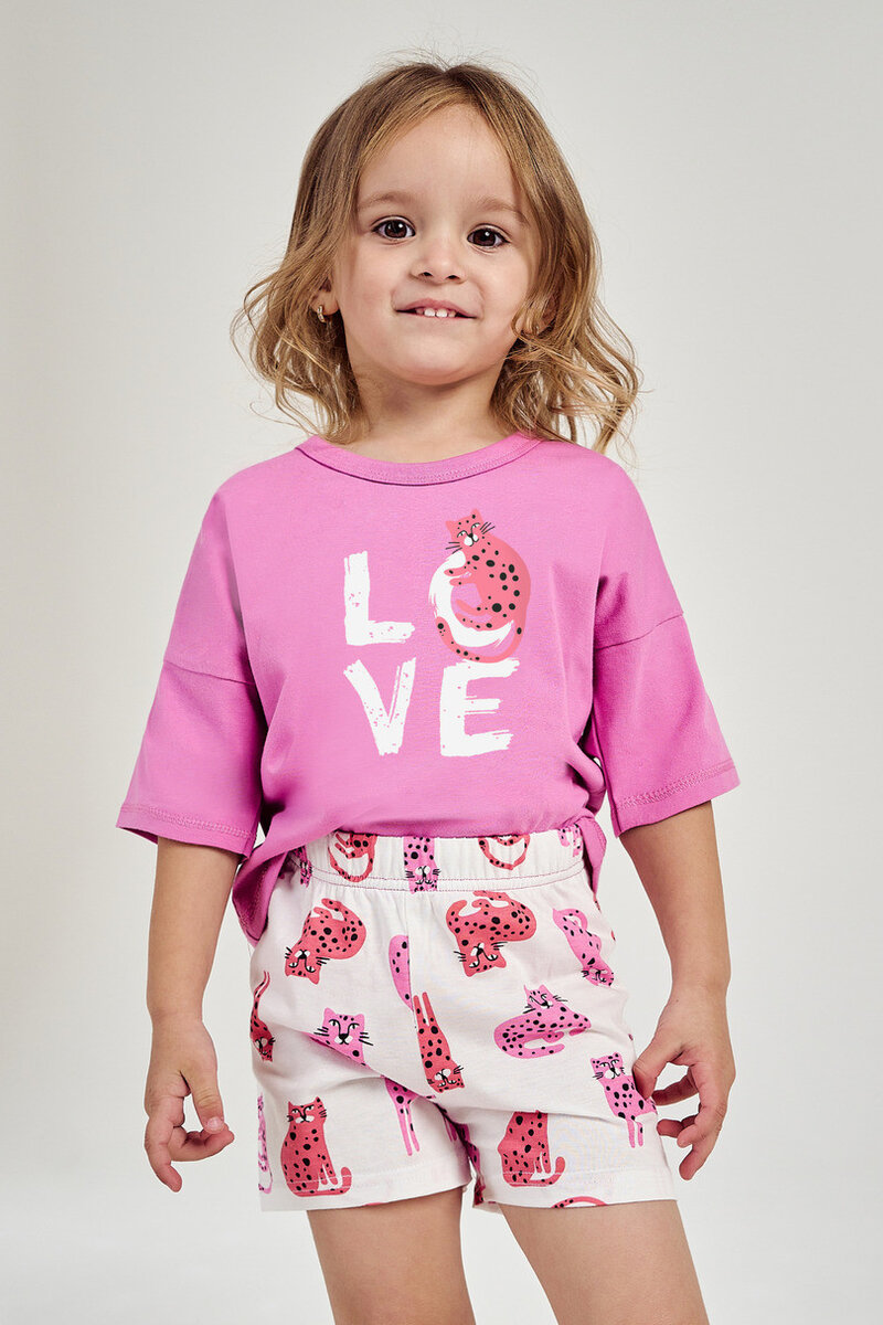 Růžové dívčí pyžamo s krátkým rukávem a vzorovanými šortkami, růžová 122 i170_3143-122-01 S-S 24