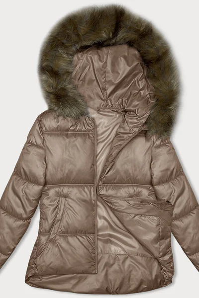Karamelová bublinová bunda s kožešinovou kapucí pro ženy