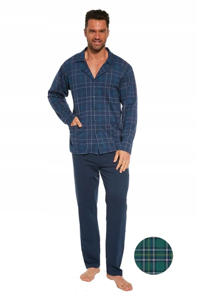 Zelenomodré pyžamo pro muže s knoflíky - Kostkovaná mikina