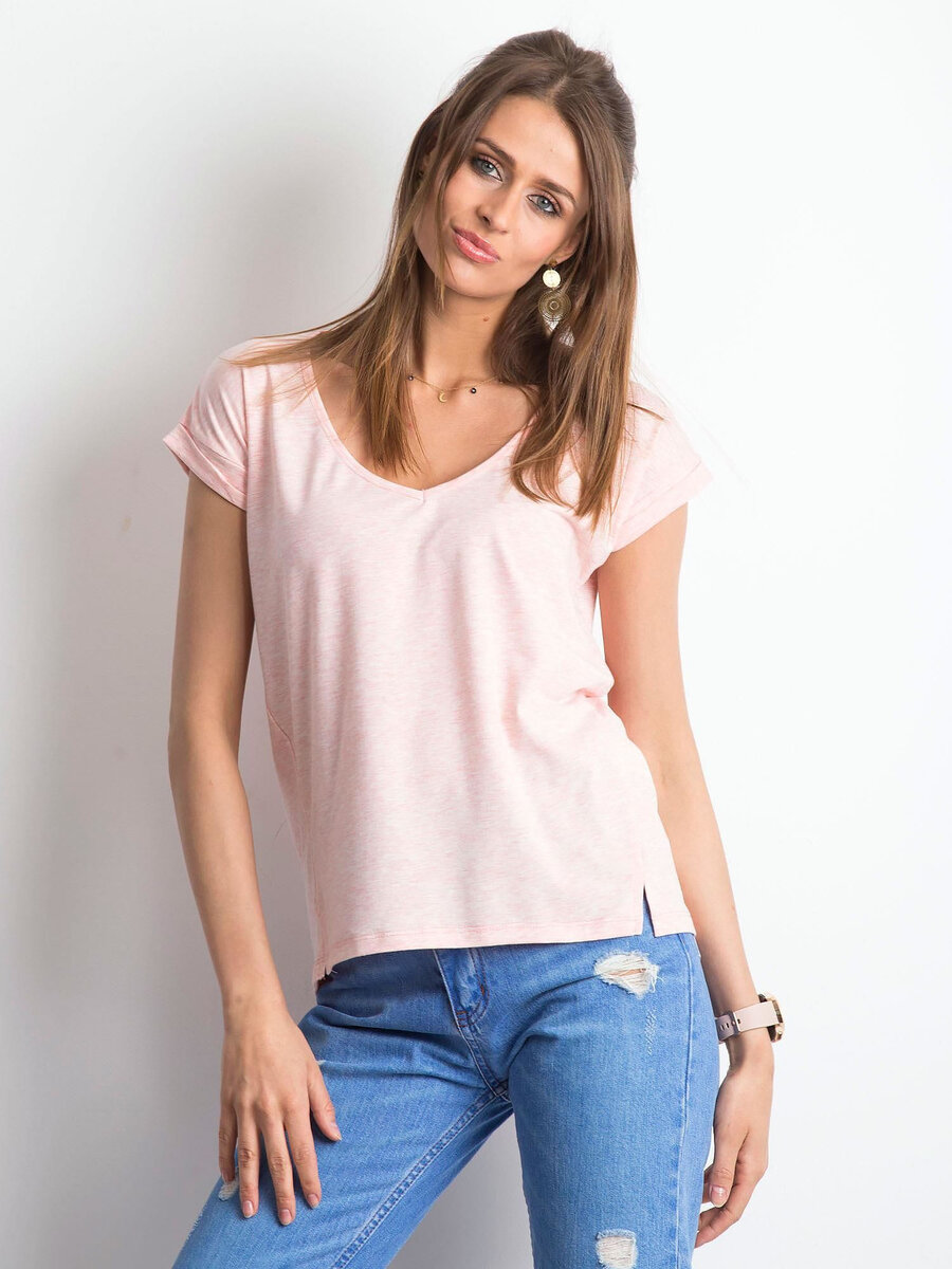 Dámské bavlněné melanžové tričko s růžovým výstřihem do V FPrice, L i523_2016102133209
