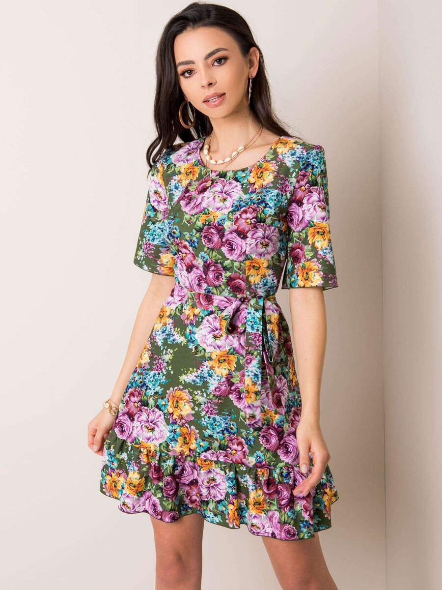 Květinové khaki dámské šaty s páskem - FPrice, 42 i523_2016102635932