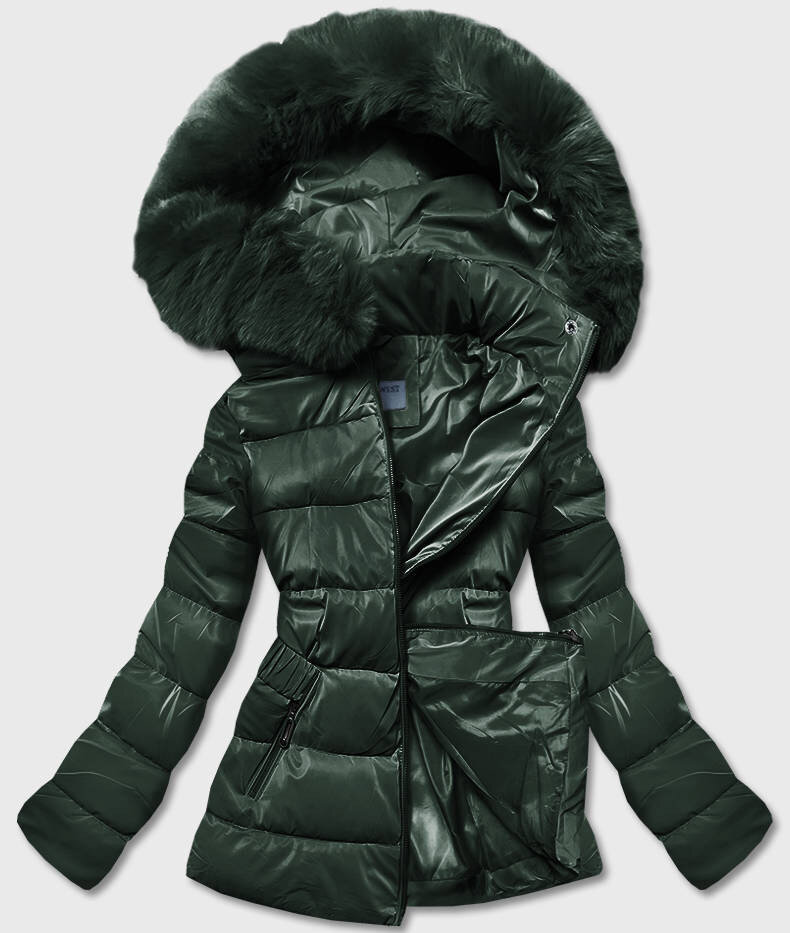 Zimní zelená bunda s kapucí a kožešinou pro ženy, odcienie zieleni M (38) i392_20695-47