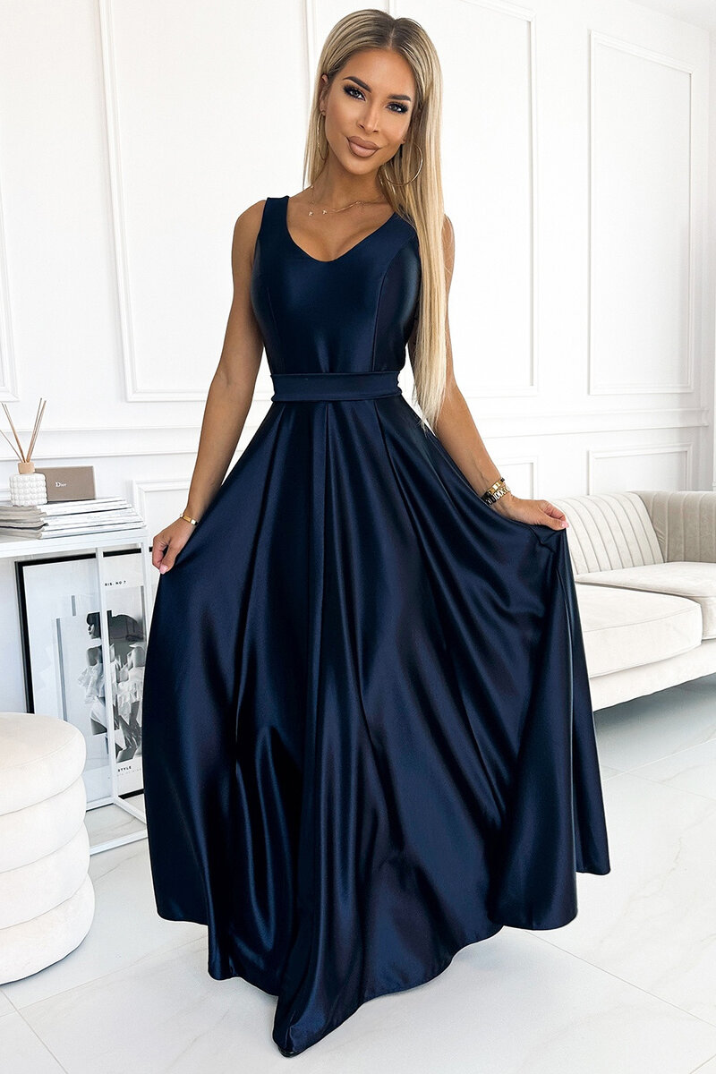 Modré saténové maxi šaty s mašlí - Numoco, s i240_187277_2:S