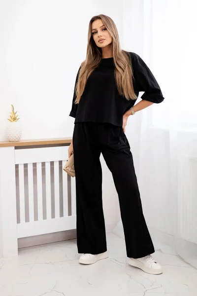 Komplet Punto: Černá dámská halenka + široké kalhoty K-Fashion