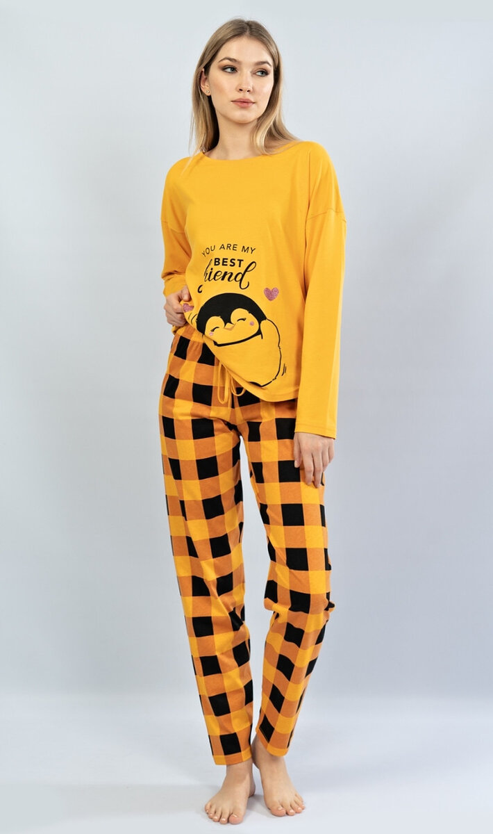 Pyžamo pro ženy dlouhé Tučňák Vienetta Secret, žlutá L i232_8553_55455957:žlutá L