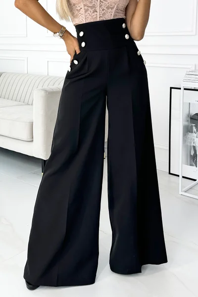Černé široké dámské kalhoty s vysokým pasem Numoco