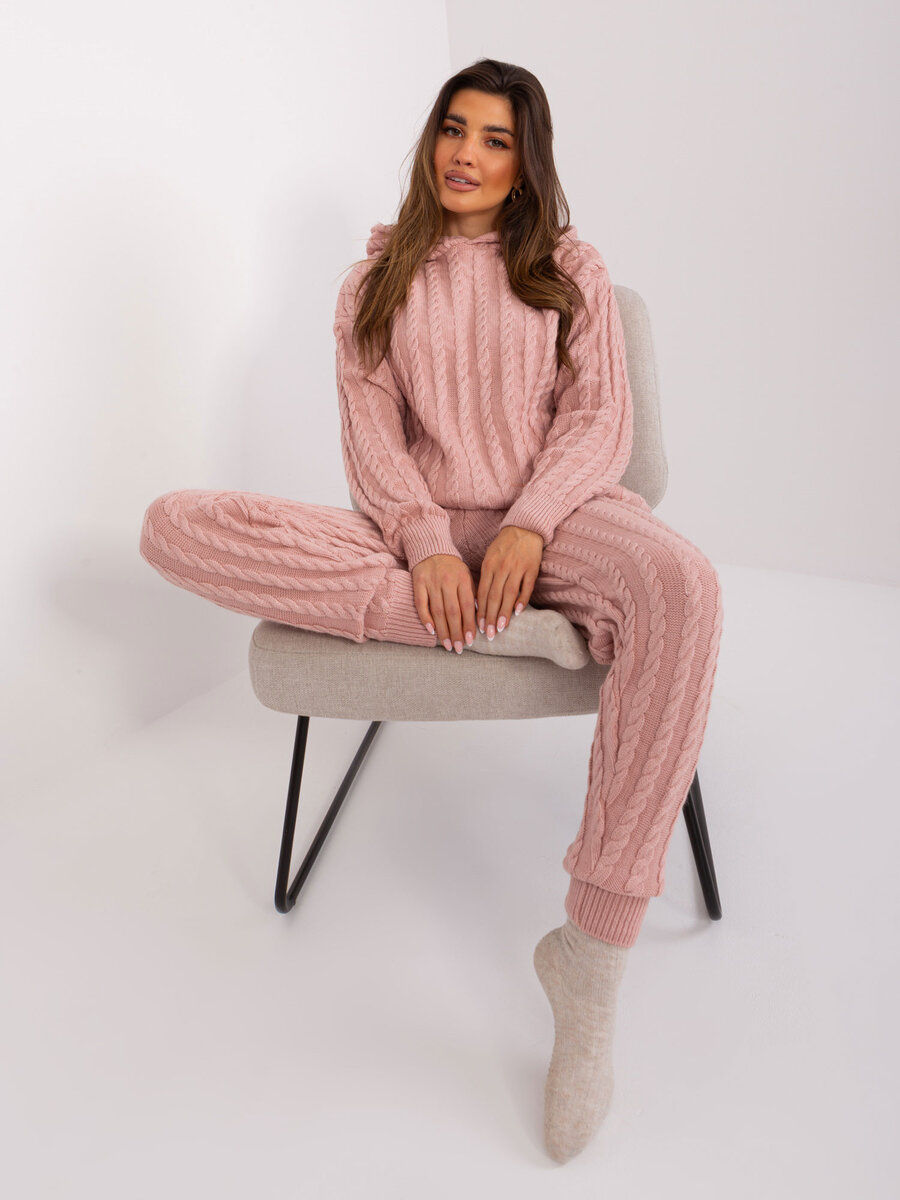 Růžová pletená souprava s kapucí - Městský styl, jedna velikost i523_2016103474936
