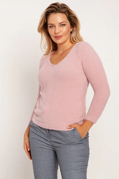 Dámský vlněný svetr s výstřihem v pudrově růžové barvě od MKM designu