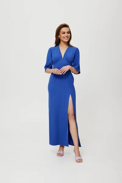 Modré Maxi šaty s vysokým rozparkem - Elegantní Modover