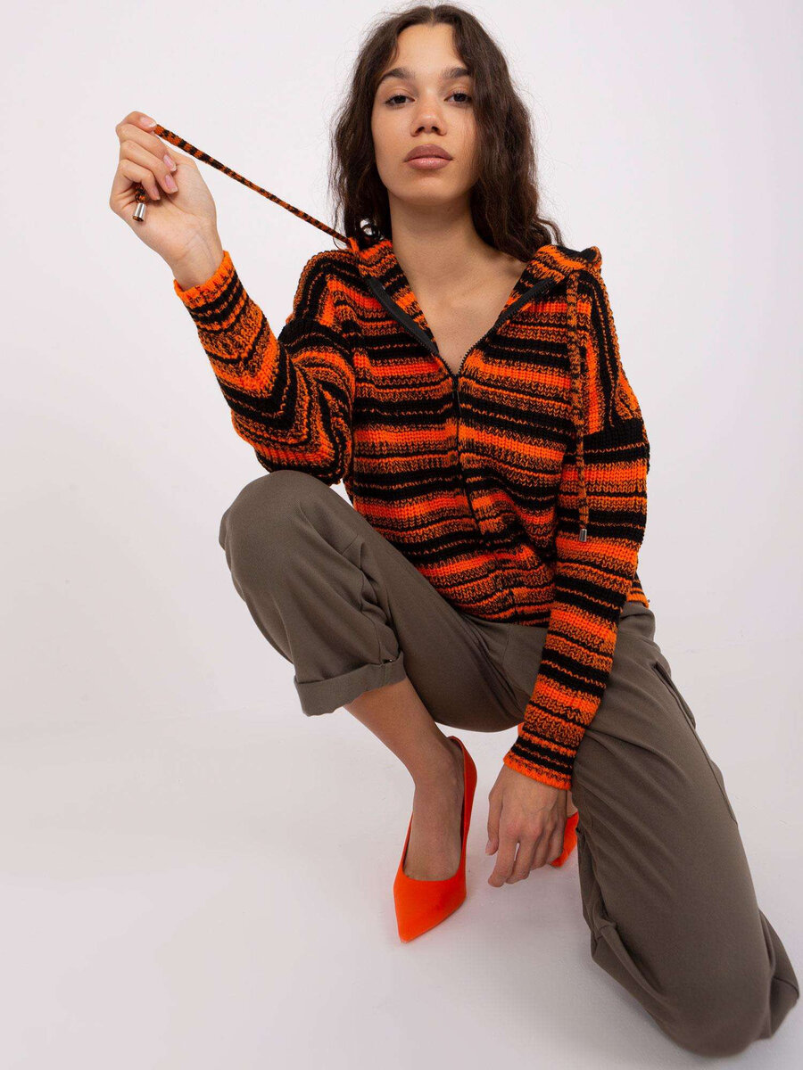 Oranžovo-černý zipový svetr s kapucí - Pruhy, jedna velikost i523_2016103480678