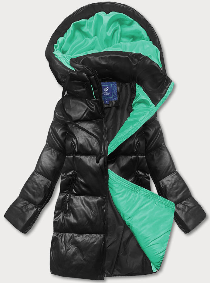 Zimní eko kůže plus size bunda s kapucí Ann Gissy, odcienie czerni 48 i392_20734-27