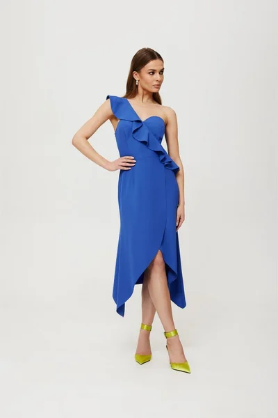 Modré Šaty s Volánky na Jedno Rameno - Elegantní Makover