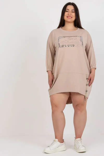 Dámské Plus Size Béžové Mikinové Šaty s Kapsami Fashionhunters