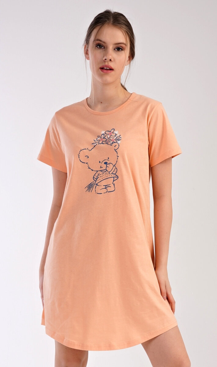 Dámská noční košile s krátkým rukávem Méďa s kytkou, meruňková XL i232_9196_55455957:meruňková XL