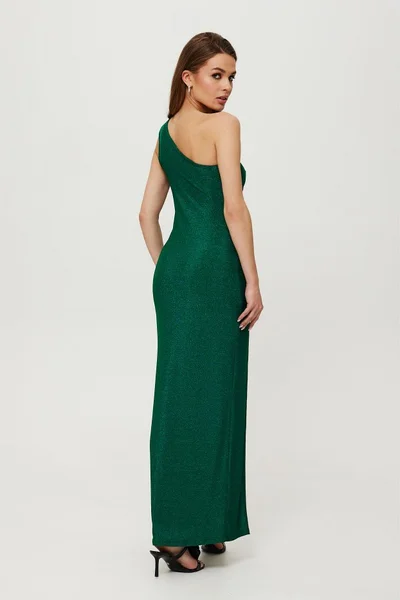 Zelené Metalické Trubicové Šaty s Výstřihem na Ramena - Emerald Elegance