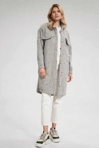 Šedý midi kabát s kapsami a ozdobnými nášivkami - Elegantní styl Figl