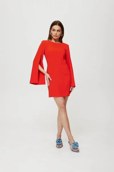 Červené Mini šaty s dělenými rukávy - Elegantní Výřez