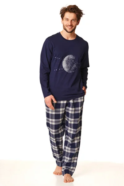 Mužské flanelové pyžamo s úpletem a kapsami Key tmavě modré