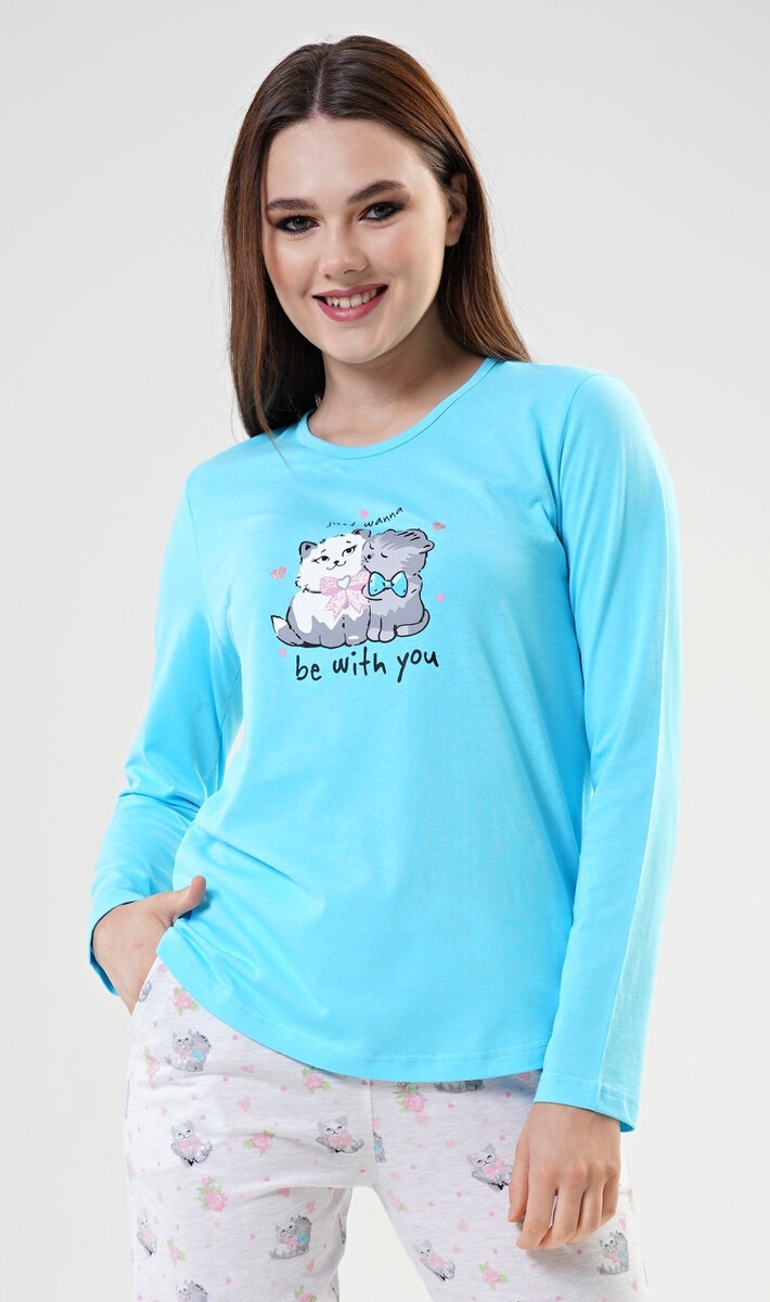 Pyžamo pro ženy dlouhé Koťata Vienetta Secret, azurová XL i232_9099_55455957:azurová XL