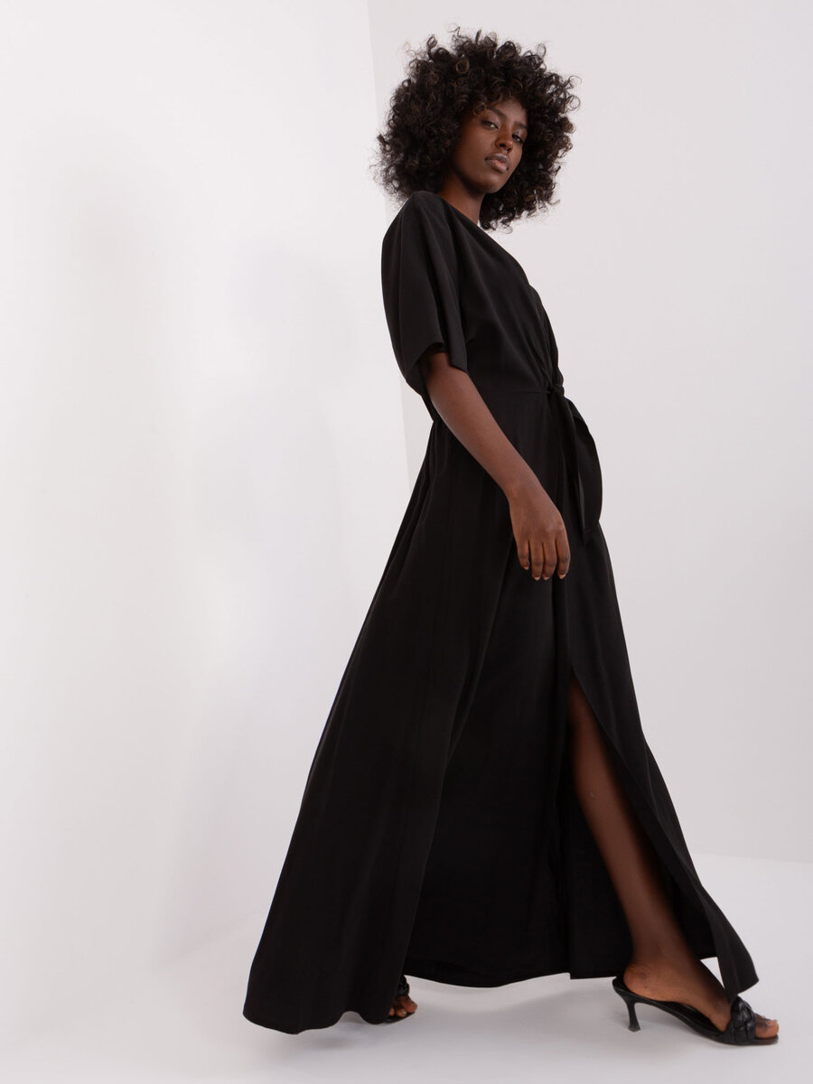 Černé dlouhé šaty s vázáním ZULUNA - Elegantní dámské šaty, S/M i523_2016103430888