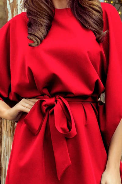 Dámské červené šaty s vázáním v pase Numoco SOFIA