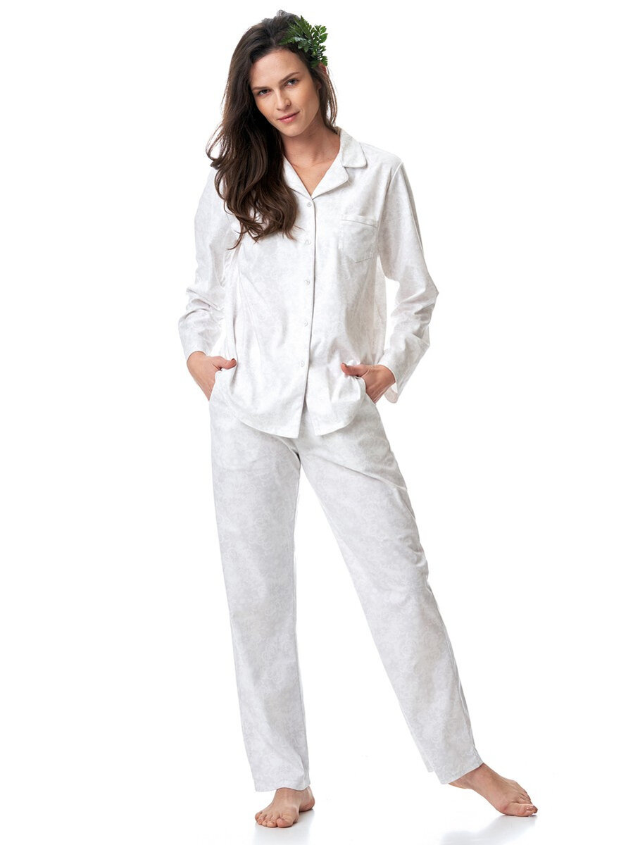 Flanelové pyžamo pro ženy s límečkem a mašlí v pase, světle šedá-ecru M i384_71109226
