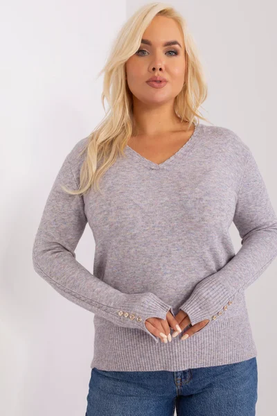 Dámský šedý plus size svetr s výstřihem do V - FPrice