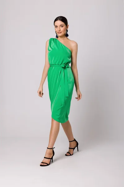Zelené šaty na jedno rameno s řasením - Makover