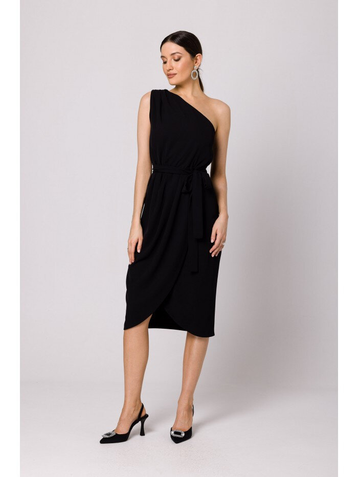 Černé šaty na jedno rameno s řasením - Elegantní Makover, EU M i529_6916938538353557344