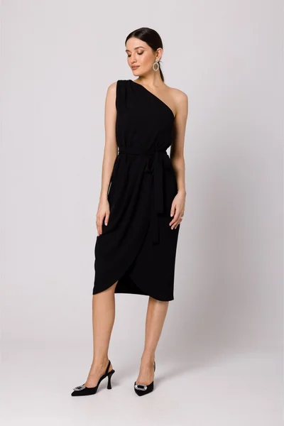 Černé šaty na jedno rameno s řasením - Elegantní Makover