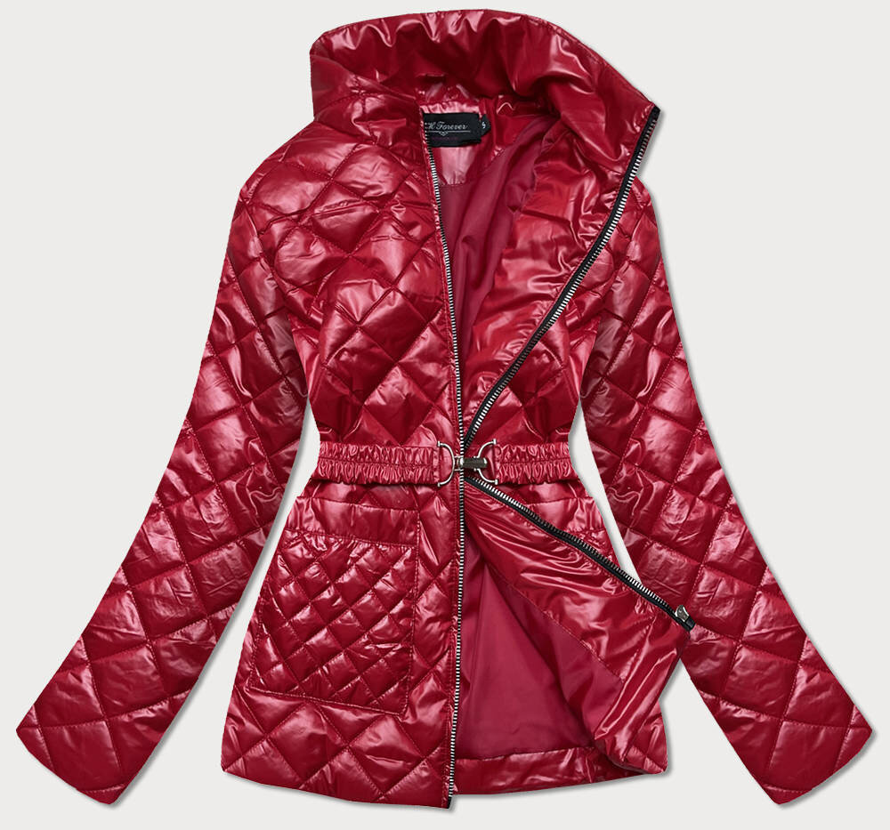 Červená prošívaná bunda pro ženy s páskem 72OF5 BH FOREVER, odcienie czerwieni S (36) i392_19484-46