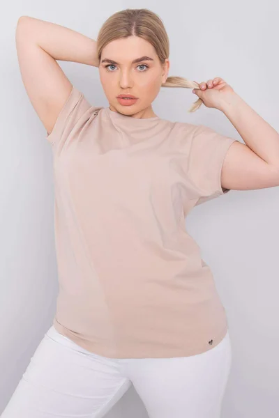 Dámské béžové bavlněné tričko plus velikosti FPrice