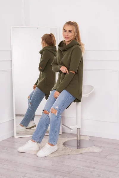 Dámská khaki zateplená mikina s delšími zády K-Fashion