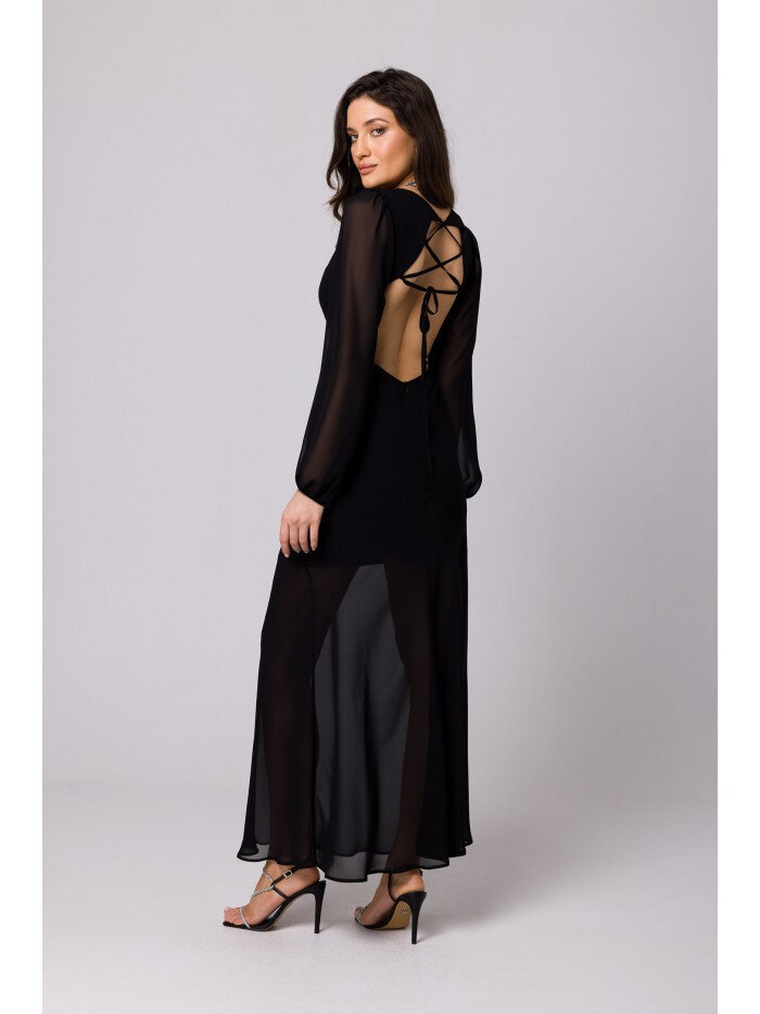 Černé šifonové šaty s otevřenými zády - Elegantní kousek od Makoveru, EU S i529_211686796720603281