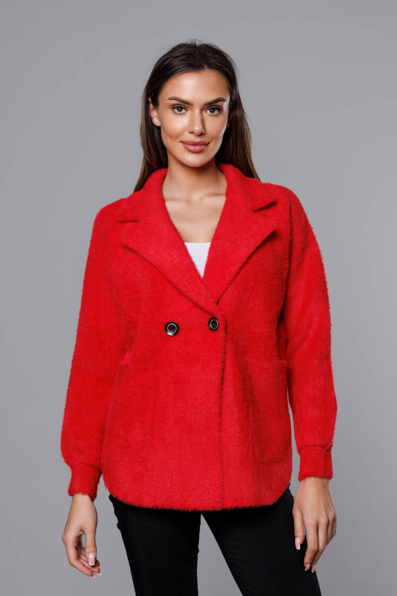 Červený alpaka přehoz s límcem a kapsami pro ženy, odcienie czerwieni ONE SIZE i392_21600-50