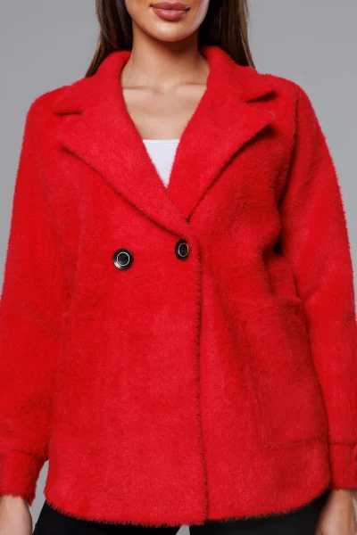 Červený alpaka přehoz s límcem a kapsami pro ženy