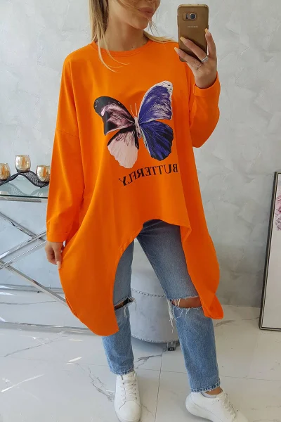 Oversize oranžová halenka s motýlím potiskem - K-Fashion