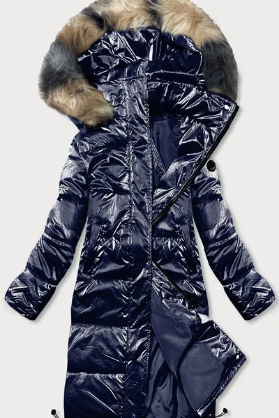 Zimní lesklá modrá bunda s odnímatelnou kapucí pro ženy AMNS