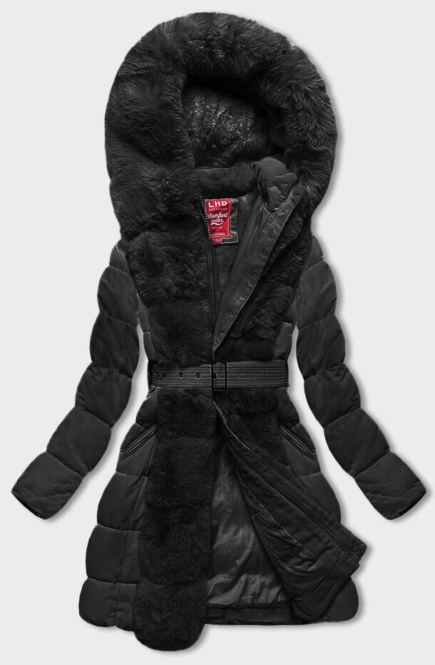 Zimní bunda s kožešinou a páskem pro ženy LHD, odcienie czerni L (40) i392_22569-49