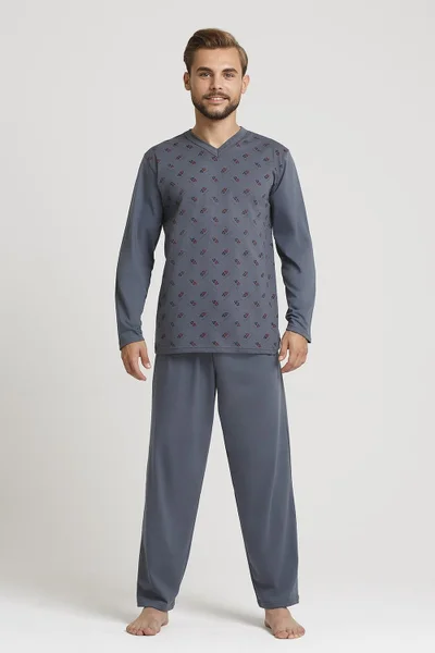 Šedý Vzorový Mužský Bavlněný Pyžamový Set - Gucio