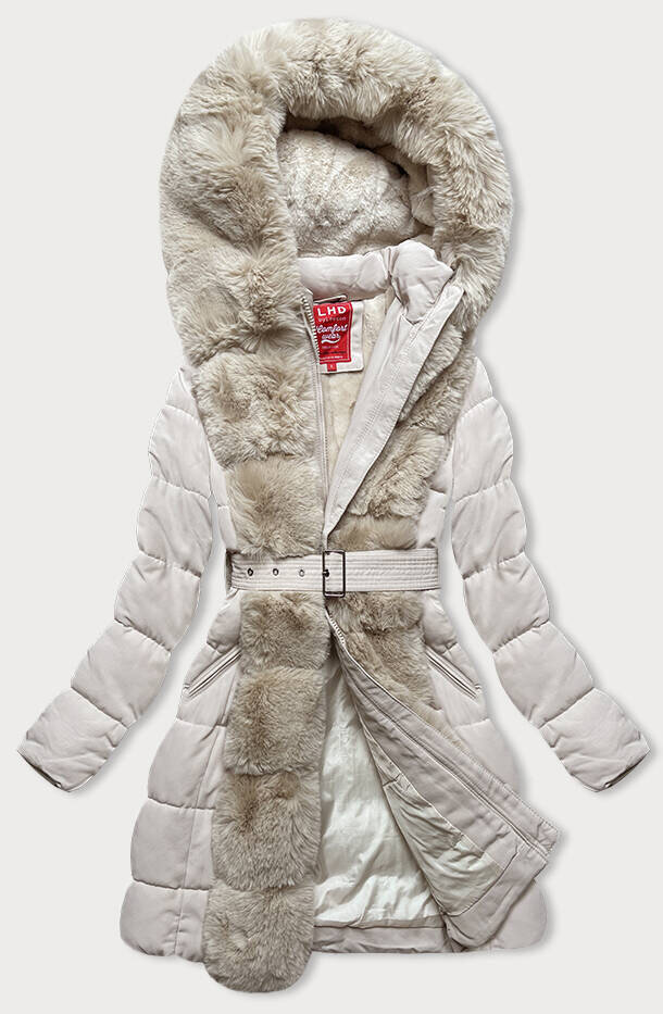 Zimní bunda s kožešinou a páskem - Béžová LHD, odcienie beżu S (36) i392_22570-46
