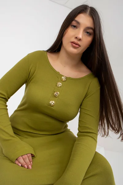 Dámské plus size zelené žebrované šaty s rozparkem Fashionhunters