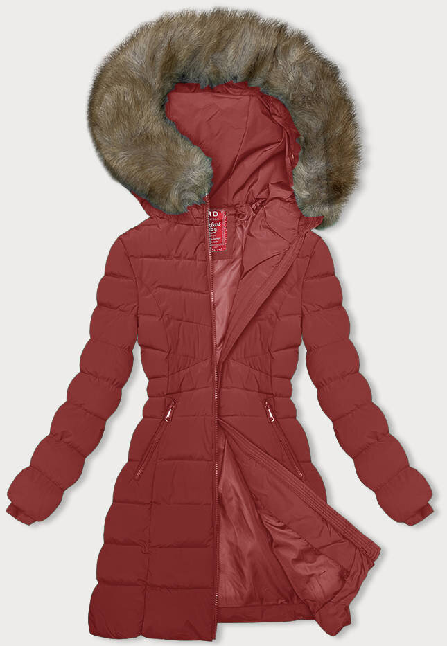 Zimní péřová bunda s kapucí a kožešinou pro ženy - Červená LHD, odcienie czerwieni M (38) i392_22578-47